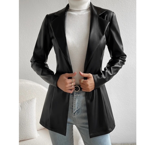 Jackets & Blazers - Luxe Black Vegan Leather Button Blazer Jacket Coat